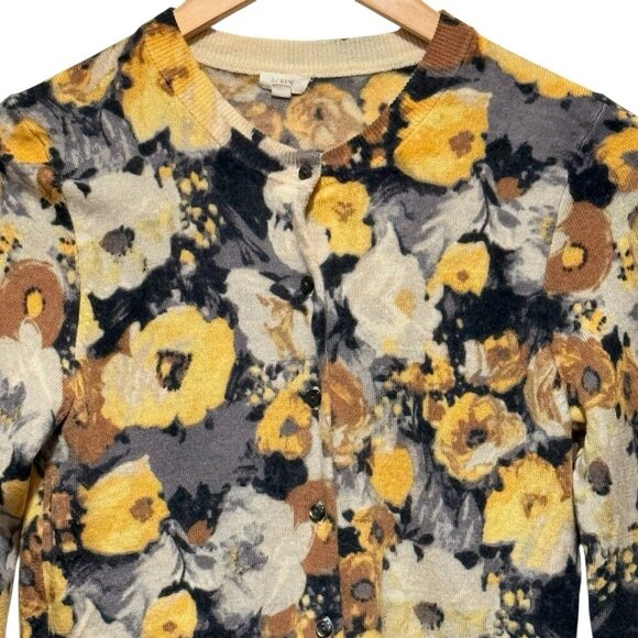 J. Crew Merino Wool Yellow & Camel Floral Lightweight Cardigan Sweater Womens XS - Picture 3 of 9